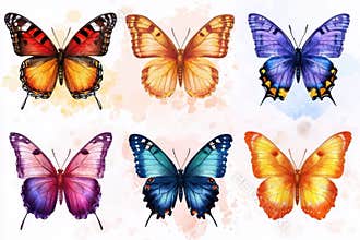 Colorful butterfly illustrations showcasing various species with rich patterns and vibrant hues against a soft, colorful