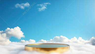 Realistic Golden Podium Floating In White Clouds And Blue Sky