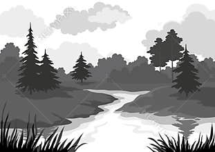 Landscape, trees and river silhouette