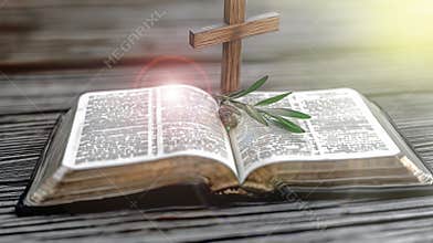 Open Bible with a wooden cross and olive branch, symbolizing faith, peace, and devotion. A spiritual representation of