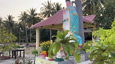 Buddhist Temple on Phu Quoc Island near the ocean ordinary small temple for Asians to pray