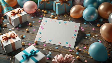 Paper sheet with confetti among gifts and balloons image copy space, ai generated