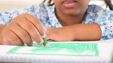 Child drawing with green crayon while sitting at a table