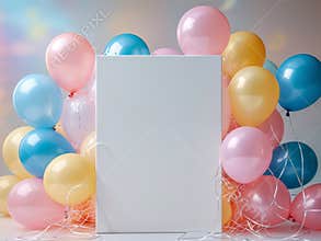Colorful Celebration Background with Blank Canvas and Balloons
