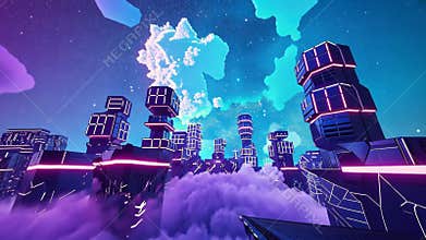 Vibrant sci-fi scene with synthwave styled towers in breathtaking perspective. Futuristic cyberpunk city in blue and