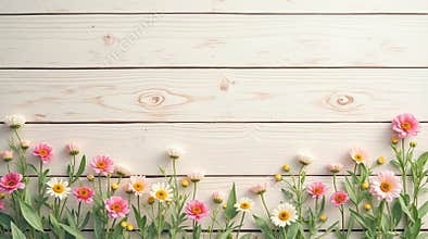 Spring flowers on white wooden background with copy space, floral border arrangement for greeting card or banner design