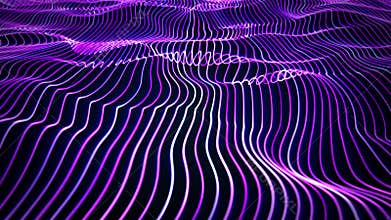 Smooth waves of neon light strings slowly floating on a dark background with futuristic glow effect