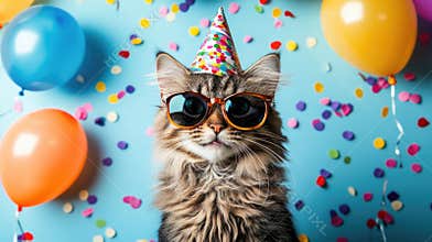 Playful cat wearing party hat and sunglasses surrounded by colorful balloons and confetti