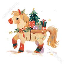 A white horse is pulling a cart with a Christmas tree and presents. The horse is smiling and seems to be enjoying the