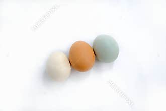 Three eggs: brown, white, and blue-green on white.