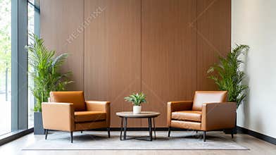 Brown leather armchairs positioned opposite, flanking compact round table, nestled amid potted greenery and wood paneled