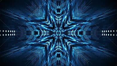 Blue fractal tunnel made of futuristic patterns with bright glow effect on a dark background