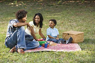 Family picnic in park.