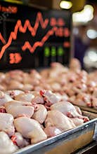 A hyper realistic photo of fresh chicken cuts displayed on a market stall, with background market trend graphs