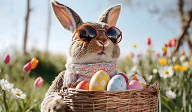 Happy Easter Bunny in a Flower Field with Basket of Colorful Eggs with copy space