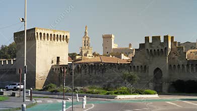 View of the Palais des Papes and the city wall in Avignon France