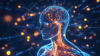 Brain and nervous system with glowing energy connections