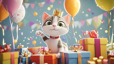 Cute Cat Wearing Crown Celebrating Birthday with Colorful Balloons and Gifts. Concept of Festive Celebration, Playful