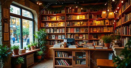 Cozy Classic Bookstore Interior with Wooden Shelves Full of Books and Warm Lighting, Vintage and Aesthetic Atmosphere