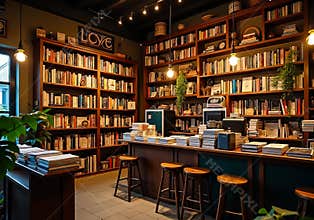 Cozy Classic Bookstore Interior with Wooden Shelves Full of Books and Warm Lighting, Vintage and Aesthetic Atmosphere