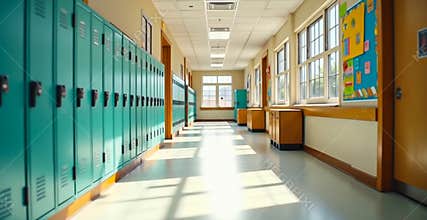 Bright and Colorful School Corridor with Lockers and Educational Posters