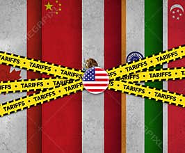 United States of America applying tariffs on multiple countries, background concept with Yellow tape. Tarrifs, taxes, canada,