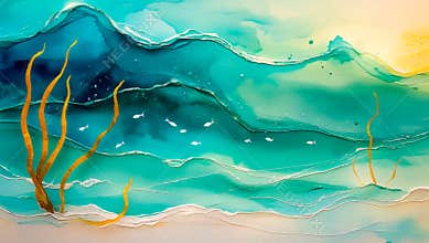 Marine watercolor underwater landscape, sea water algae fish. World Ocean Day. Abstract sea drawing generated by AI.