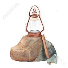 A big stone with a kerosene lamp on it and an axe. Camping equipment. Exploration trip. Hiking. Hand-drawn watercolor