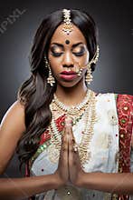 Young Indian woman in traditional clothing with bridal makeup and jewelry