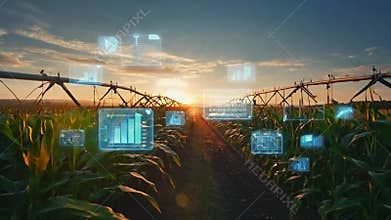 Smart Agriculture with Digital Technology in Crop Management at Sunset Generative AI