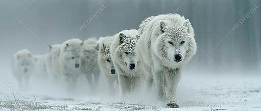 Pack of Arctic Wolves Walking Through Snow Covered Winter Landscape in Foggy Weather