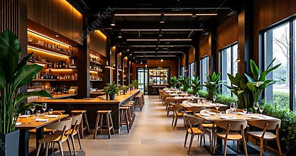 Modern Restaurant Interior with Warm Wooden Accents and Cozy Seating Arrangement