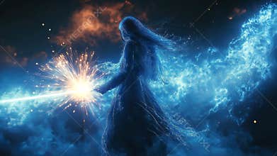 Woman Casting Bright Energy in Cosmic Space