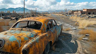 Abandoned rusty vintage car in desert landscape