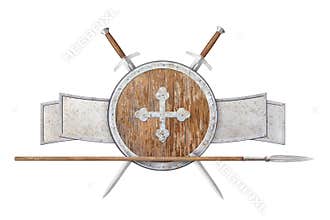 round wooden shield decorated with a cross and two swords and spear isolated on white