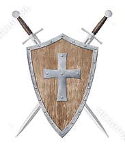 wooden shield with metal cross and two swords isolated on white