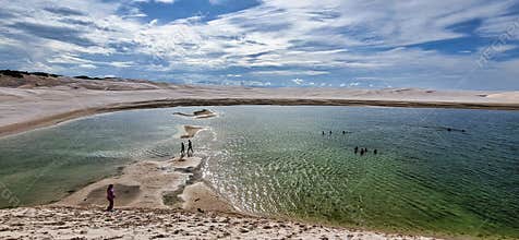 Dunes and lagoons of lagoa bonita, Lencois Maranhenses, Barreirinhas, Brazil. White sand dunes with pools of fresh water