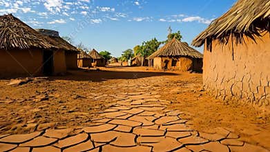 Exploring a deserted African village with dry cracked earth and traditional huts under a clear blue sky