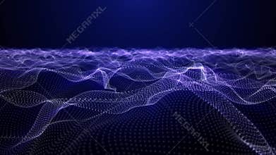 Blue background with abstract field of elegant energy waves made of glowing white particles