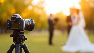 Professional camera mounted on a tripod capturing the bride and groom during the enchanting golden hour in a scenic park