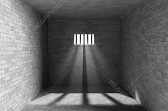 Prison interior with light shining through a barred window