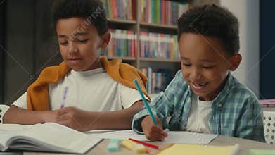 Two little boys African American siblings kids studying together at desk children pupils school students primary