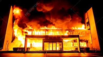 Building Engulfed in Flames During Nighttime Fire Disaster Scene