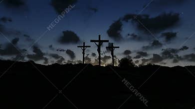 Jesus on Cross, meadow with olives, timelapse sunrise, stock footage