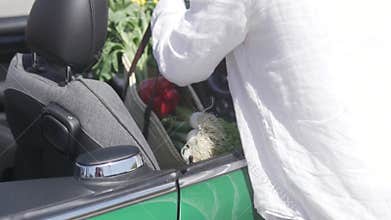 A woman holds a basket from a green convertible, enjoying a sunny day