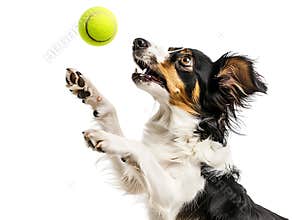 Dog playing with a tennis ball isolated against a transparent background