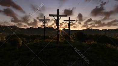 Jesus on Cross, meadow with olives, timelapse night to day zoom out, stock footage
