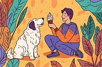 Dog and person sharing ice cream outdoors playful scene colorful leaves warm tones website design