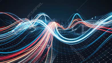 Abstract digital waves in blue, red, and white, representing technology and innovation.
