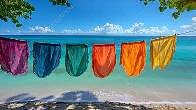 Colorful fabrics dry on a line near calm turquoise waters on a sunny summer day at the beach